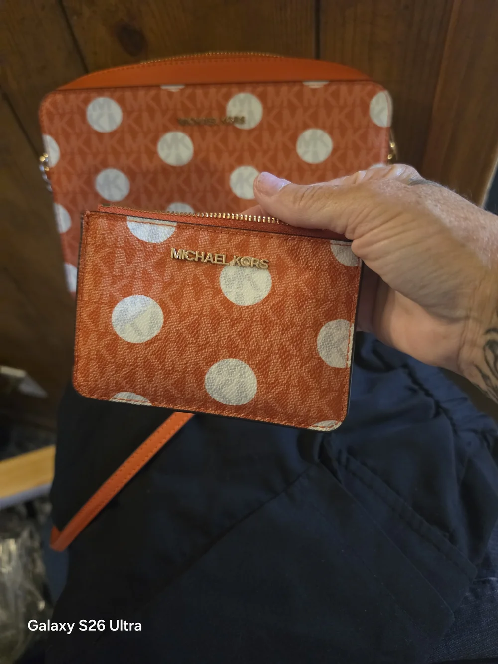 Michael Kors Orange Polka Dot Card Case & Crossbody Wallet Set